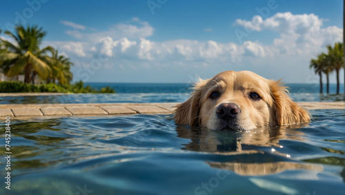 Szczeniak golden retrievera cieszący się pływaniem w basenie