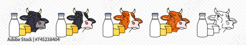 Cow, dairy farm, milk and cheese, graphic design. Livestock, cattle breeding, animal and pet, food and drink, vector design and illustration