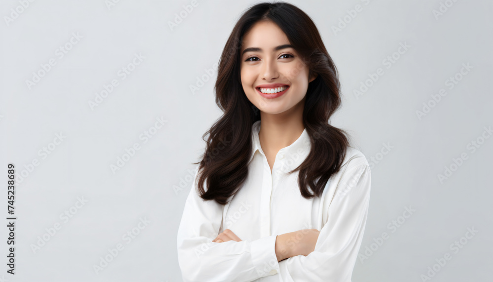 Young female professional. White background, copy space. Business Casual wearing white blouse. Natural look. Product advertising face testimonial. Happy smiling face. Advertising Campaign model. Young female professional. White background, copy space. Business Casual wearing white blouse. Natural look. Product advertising face testimonial. Happy smiling face. Advertising Campaign model.