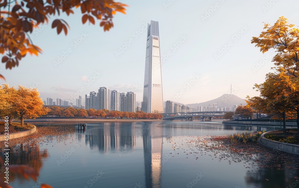 Majestic View of the Lotte World Tower Dominating the Seoul Skyline Beside the Han River - obrazy, fototapety, plakaty 