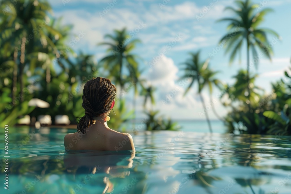 Tranquil Woman Relaxing at Infinity Pool with Lush Tropical Greenery in Lombok Island Resort Tranquil Woman Relaxing at Infinity Pool with Lush Tropical Greenery in Lombok Island Resort
