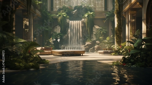 Generative AI Elegant atrium featuring lush indoor gardens and cascading water features. © vadosloginov