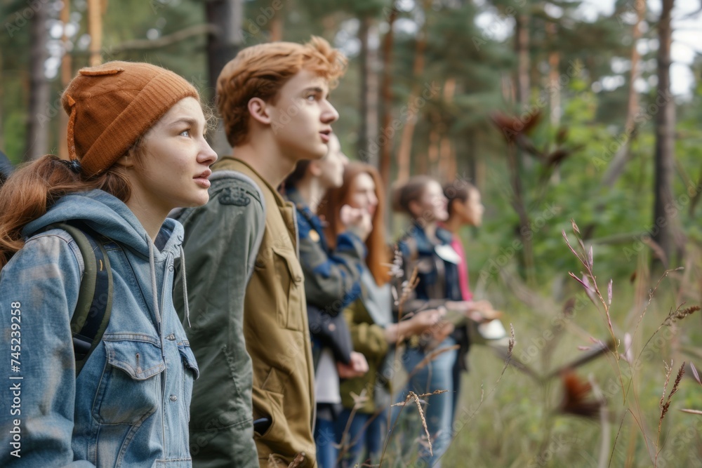 Group of Teenage Students on an Educational Nature Walk in Woodland Group of Teenage Students on an Educational Nature Walk in Woodland