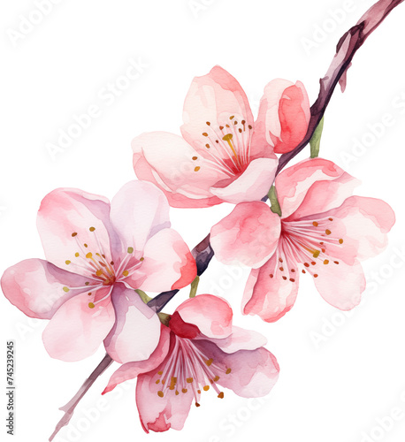Cherry blossom flowers watercolor painting isolated on transparent background.