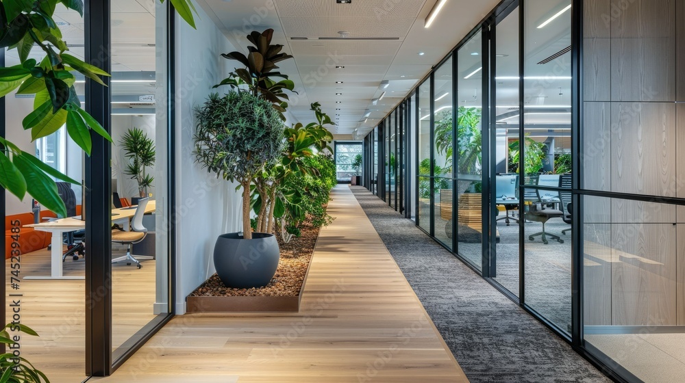 The image shows a modern office interior with a long corridor. The ...