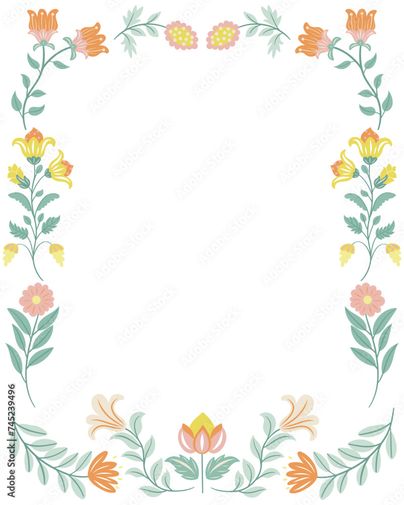 Frame made from folk art design elements. Folk flora and fauna vector illustration isolated on white background. Hand drawn folk flowers. Scandinavian traditional motif Frame made from folk art design elements. Folk flora and fauna vector illustration isolated on white background. Hand drawn folk flowers. Scandinavian traditional motif