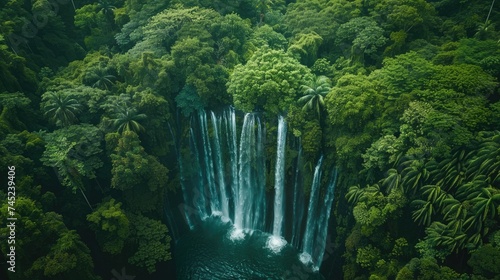 lush green foliage of a tropical rainforest with a waterfall in the background. photo