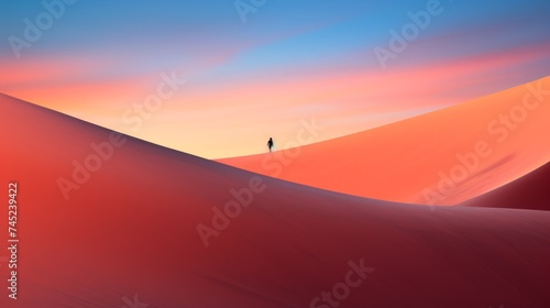 Person walking on brightly colored rolling hills at sunset against an orange sky © Media Srock