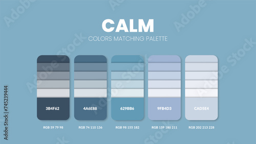 Color palette in calm colour theme collections. Color inspiration or colour chart with codes template. Color combination set of RGB. Colors swatch for graphic design, art, fashion or website. Vector. © Whale Design 