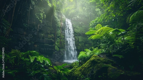 lush green foliage surrounds a cascading waterfall in the heart of a tropical rainforest.