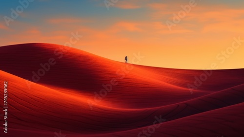 Person walking on brightly colored rolling hills at sunset against an orange sky