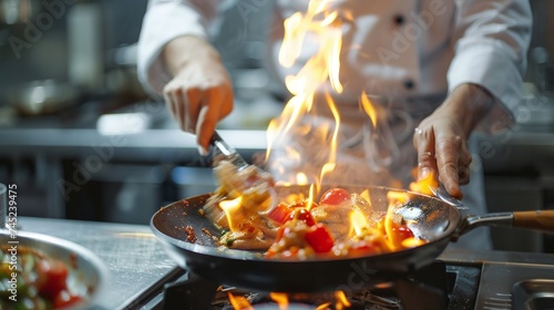 chef preparing gourmet meal over open fire in commercial kitchen