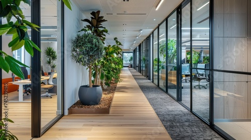 The image shows a modern office interior with a long corridor. The corridor is decorated with plants and has large windows that let in natural light.