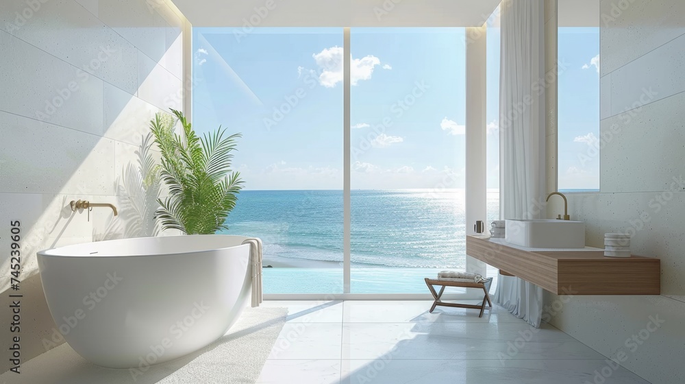 Luxury beachfront bathroom with panoramic ocean view, symbolizing relaxation and high-end real estate Luxury beachfront bathroom with panoramic ocean view, symbolizing relaxation and high-end real estate