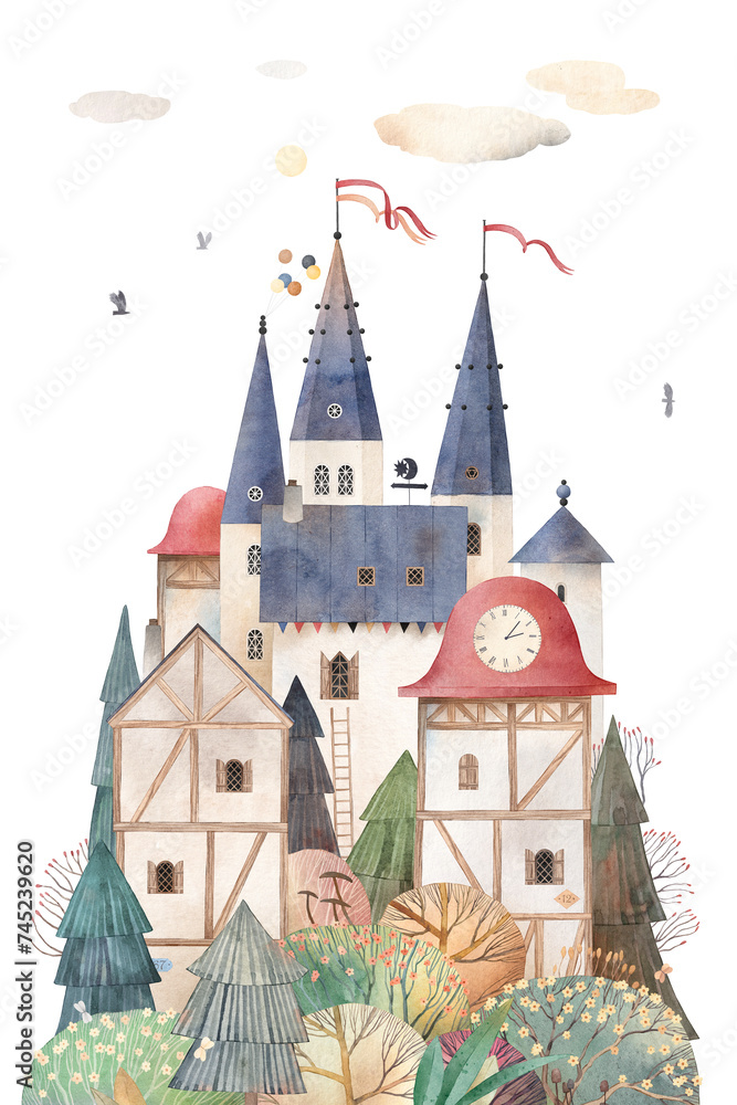 Cute fairytale city. Lovely old houses. Decor for a children room. Watercolor background. Decor for children room.