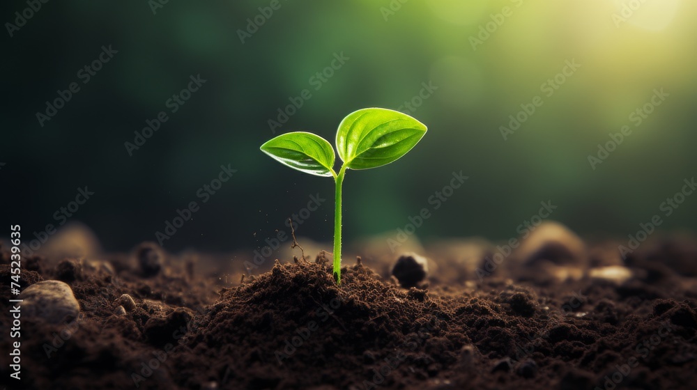 Picture of delicate young plant growing from soil  - obrazy, fototapety, plakaty 