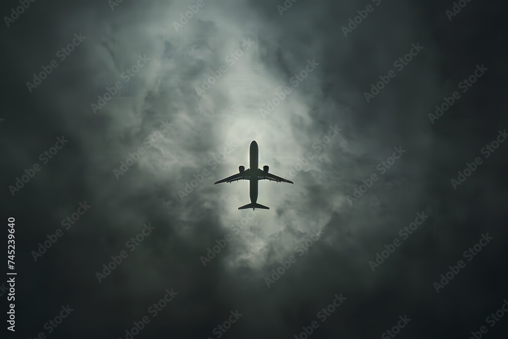 Airplane silhouette flying in dark cloudy sky
Airplane silhouette flying in dark cloudy sky