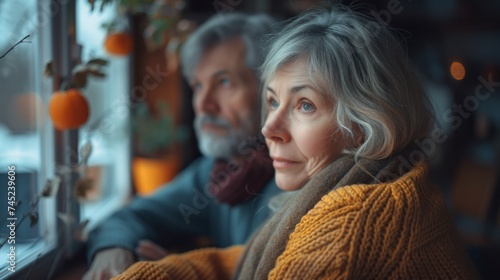 Middle aged man and woman at family house wearing warm wear, cozy atmosphere © Nataliya