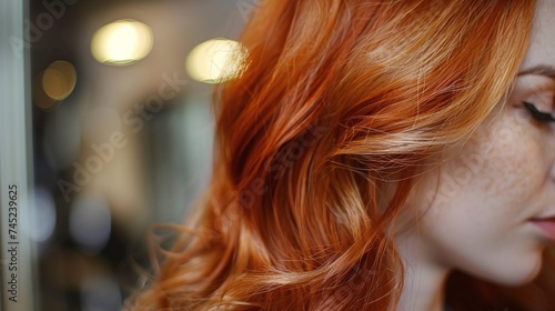 woman's hairstyle after dyeing and making highlights in salon with professional hairstylist