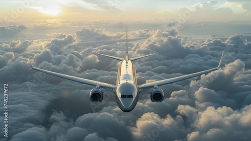 A silver airplane is flying high above the clouds. The sun is shining brightly, and the sky is a clear blue. photo
