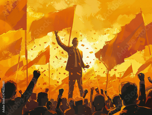 Dynamic politician speaking at campaign rally crowd of supporters flags waving essence of democracy and vote