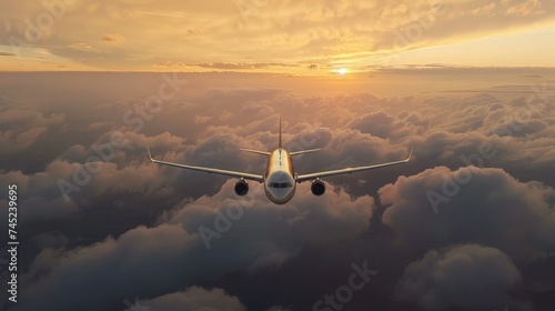 A silver airplane is flying high above the clouds at sunset. The sky is a bright orange and yellow, and the clouds are a fluffy white. photo