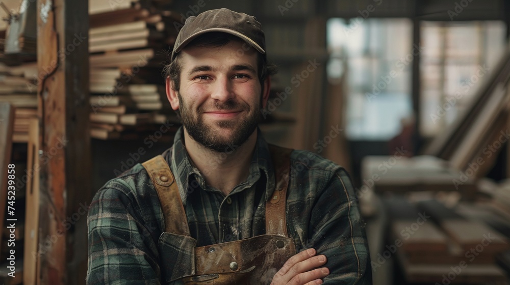smiling craftsman posing for portrait at carpentry workshop smiling craftsman posing for portrait at carpentry workshop
