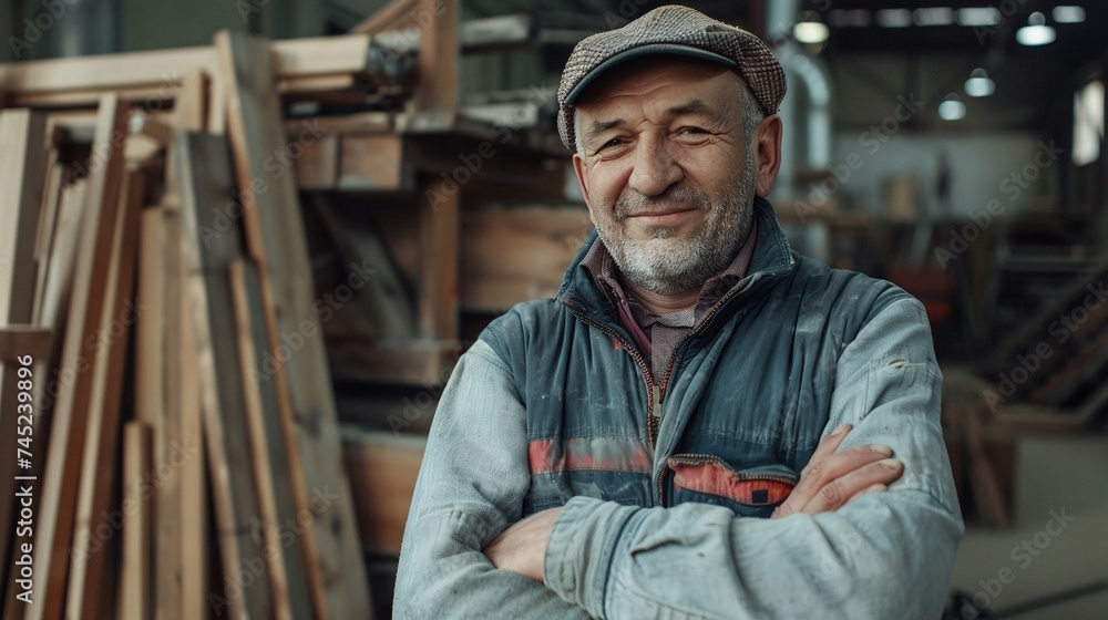 portrait of handsome carpenter smiling at factory in woodworking industry portrait of handsome carpenter smiling at factory in woodworking industry