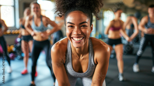 A radiant young woman smiling at the camera, sitting on a gym floor with other people exercising in the background.