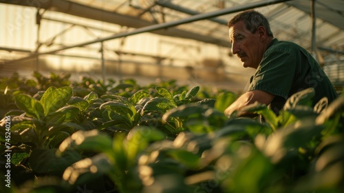 Mature male farmer inspecting lush green plants in a greenhouse  perfect for themes related to agriculture  sustainability  and organic farming.