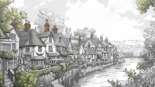 Generative AI Elevated view of a riverside cottage town, charming houses, riverside promenade, scenic landscape, detailed linework