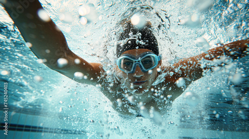 Underwater shot of a person swimming towards the camera with goggles on, bubbles surrounding.