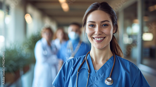 Confident female healthcare professional in scrubs with a stethoscope, team of medical staff in background.