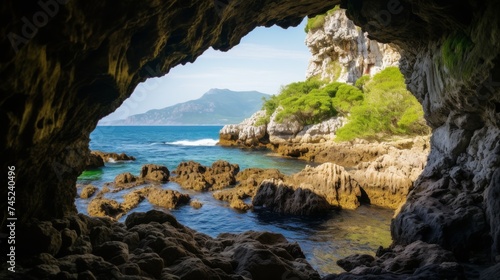 Cave to rough mountain ridge located near coast