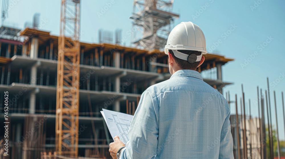 Architect reviewing blueprints at a construction site with cranes and building structures in the background.