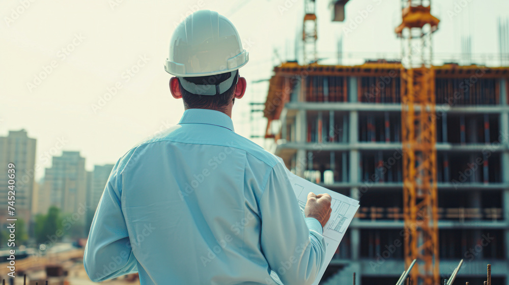 Architect reviewing blueprints at a construction site with cranes and building structures in the background. Architect reviewing blueprints at a construction site with cranes and building structures in the background.