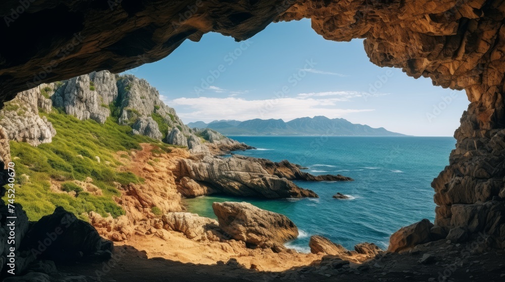 Fototapeta premium Cave to rough mountain ridge located near coast