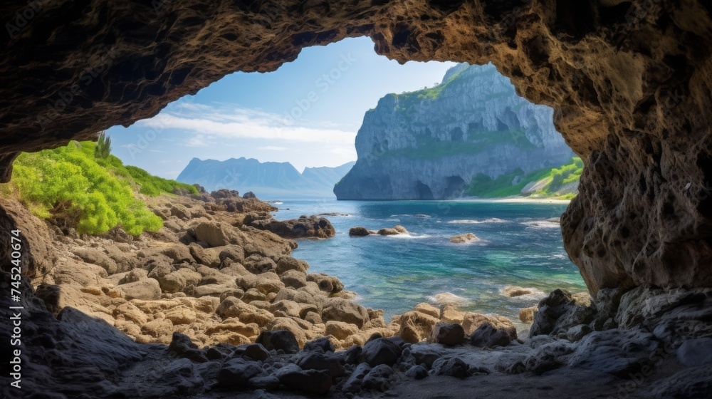 Fototapeta premium Cave to rough mountain ridge located near coast