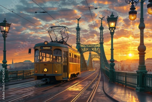 Sunrise Over Liberty Bridge with Yellow Tram in Budapest, Hungary