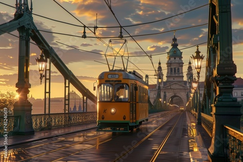 Sunrise Over Liberty Bridge with Yellow Tram in Budapest, Hungary