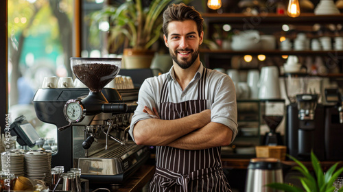 Confident barista smiling in a bustling coffee shop environment  espresso machine in background.