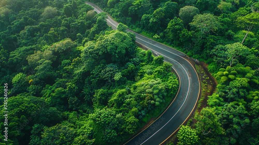 aerial top view of beautiful curve road cutting through green forest in rain season aerial top view of beautiful curve road cutting through green forest in rain season