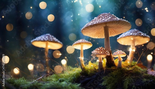 Magical mushrooms with red cap in dark forest with lights.