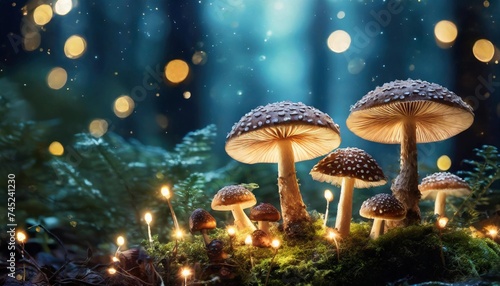 Magical mushrooms with red cap in dark forest with lights.