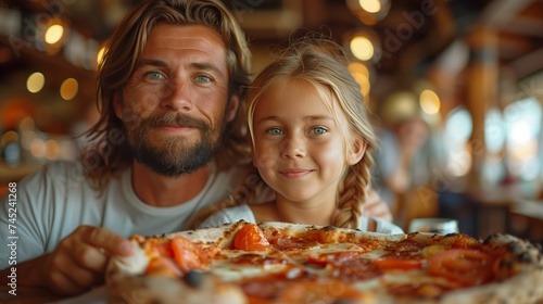 a man and a little girl are sitting at a table with a pizza