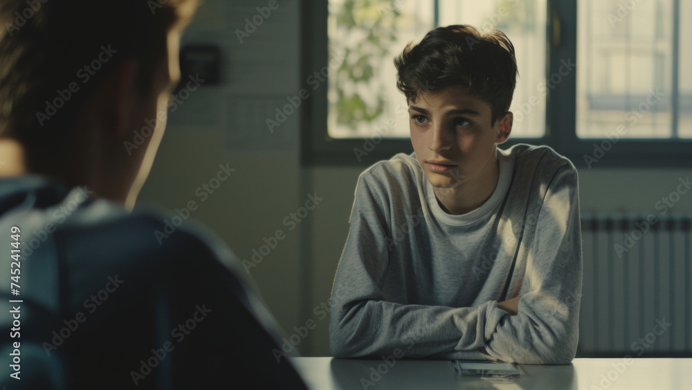 A thoughtful boy engages in a serious conversation, his gaze fixed intently. A thoughtful boy engages in a serious conversation, his gaze fixed intently.