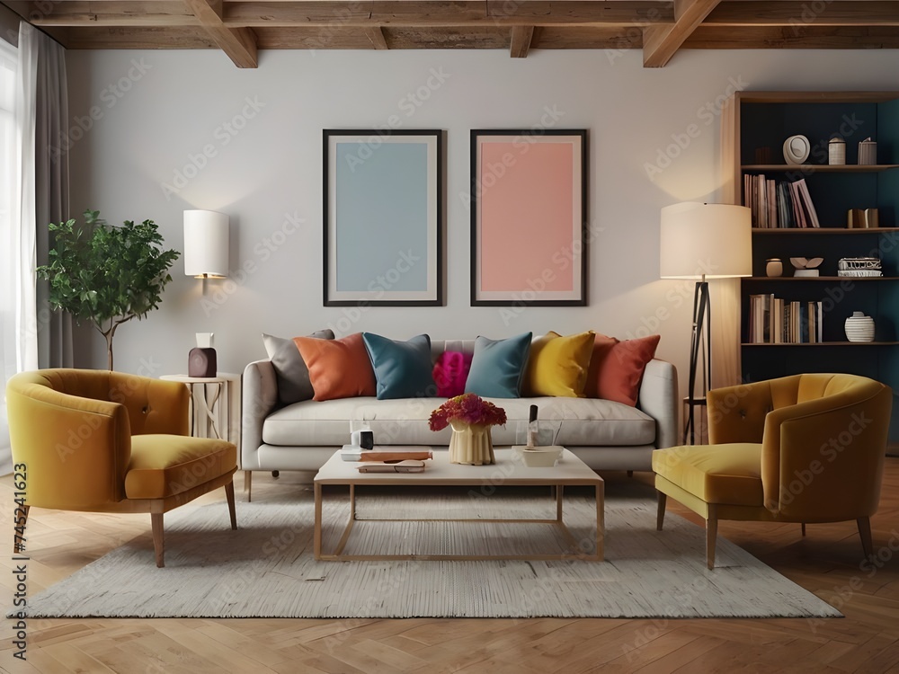The elegant and well-designed living room mockup features solid color elements and white frames, providing a modern and inviting space for your creative copy. Generative AI The elegant and well-designed living room mockup features solid color elements and white frames, providing a modern and inviting space for your creative copy. Generative AI