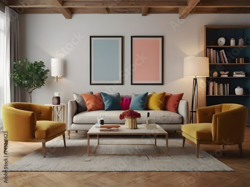 Wallpaper Mural The elegant and well-designed living room mockup features solid color elements and white frames, providing a modern and inviting space for your creative copy. Generative AI Torontodigital.ca