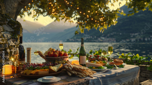 Lakeside evening feast with wine and lights nestled in nature. photo