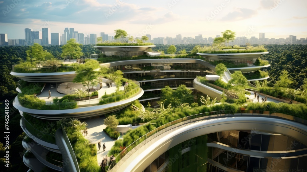 Generative AI Green rooftops and vertical gardens promoting urban sustainability and ecological balance - obrazy, fototapety, plakaty 